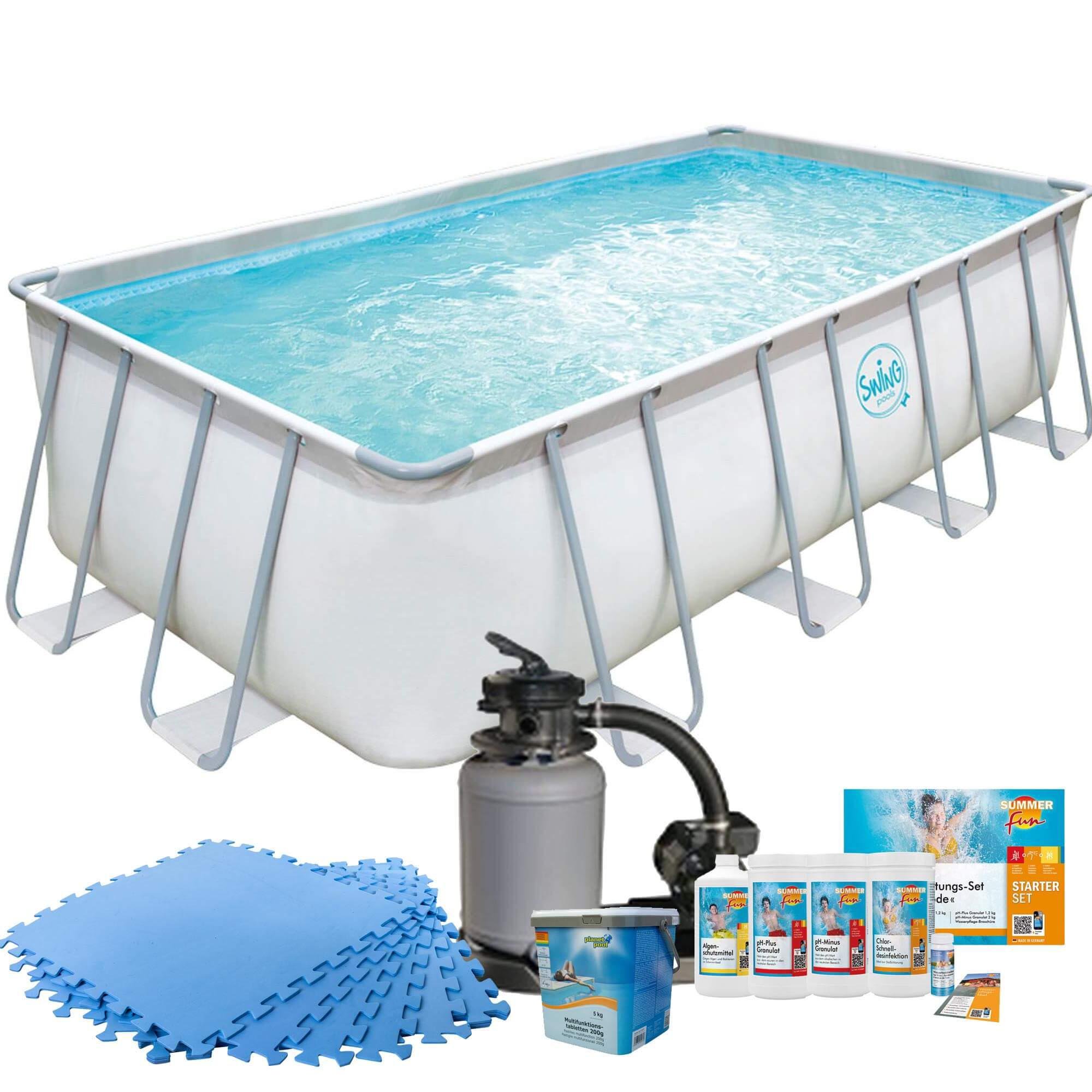 Polygroup Summer Waves Frame Pool mit Sandfilter, Bodenschutzmatten blau und Starter Set Wasserpflege